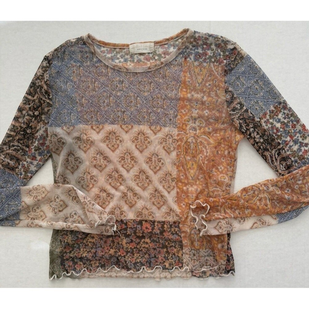 Altar’d State M Sheer Mesh Patchwork Top Fairycore Boho Festival Lettuce Hem